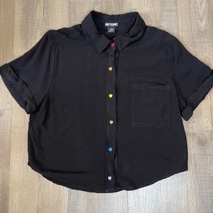 Black Hot Topic Blouse W/Rainbow Heart Buttons Size Med